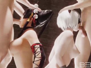 Nyotengu and Yorha 2B Deepthroath Fellatio