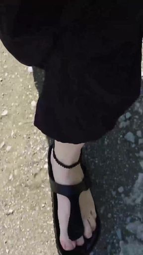 Outdoor in a Black Caftan and Barefoot in Black Birkenstocks
