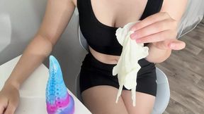 Doctor in white gloves masturbating my monster cock with oil