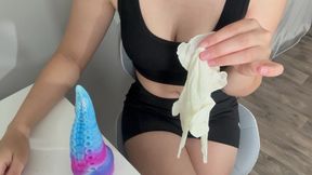 Doctor in white gloves masturbating my monster cock with oil