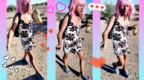 Delicious shemale in mini dress and sandals walking in very hot public