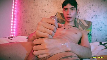 Slow Motion Cumshot Skinny Twink Magic C Jerking His Big Cut Cock With Oil