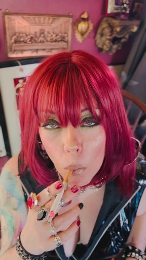 Beautiful BBW Redhead Tina Snua Smokes A Cork Cigarette Close Up In PVC - OMI Snap Inhales OME Drifting Smoke