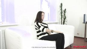 Fake producer cums on hottie's belly after fuck on the couch