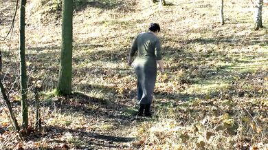 Two times in the woods her golden shower steaming her fat ass