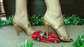 Mummies sexy toy car crush in her golden high heel stilettos teaches them a lesson at Christmas!