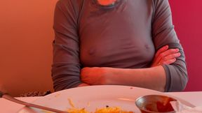 Having lunch in a restaurant wearing totaly sheer top exposing my pierced nipples and sexy boobs