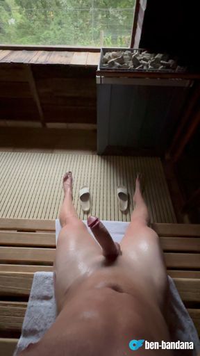 Sweaty German muscle teen jerks off his fat monster in the sauna