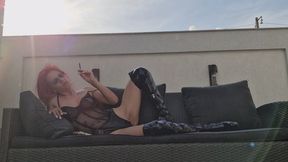 Nicotine Craving Leather Goddess – Sensual Chain Smoking On The Couch