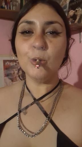 Curvy amateur BBW smokes and shows off her natural big tits