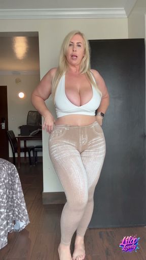Busty Blonde MILF Striptease: Stripping Out of Skintight Pants &amp; White Thong for Naked Pussy Play
