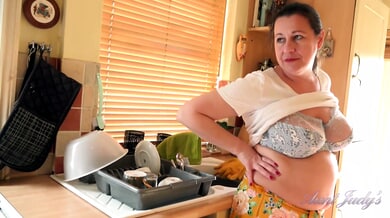 British housewife Eva Jayne gives intimate kitchen JOI with natural full breasts
