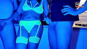 Married wife sucks two cocks in wild neon-lit threesome