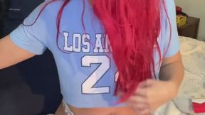 Last cigarette of the day, triple drags - top no bra, blue panties - Marlboro Red