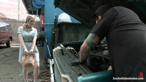 ”Huge dick mechanic fucks bound blonde”