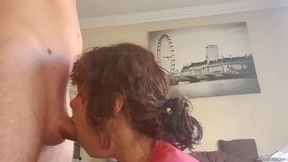 Girl in Pink Robe Sucking Cock and Giving Handjob Till She Cums