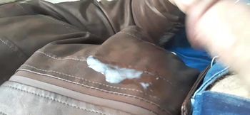 Jerk and Cum on New Brown Leather Jacket