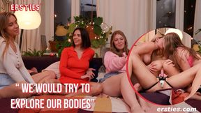 Four sexy babes have lesbian strap-on sex