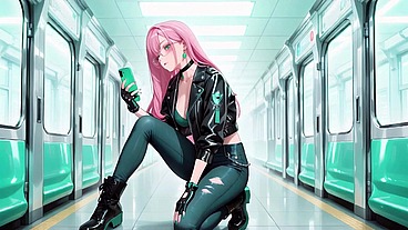 AI-generated- Pink-Haired Leather Tech! Private vibes in a neon-lit cyber corridor.