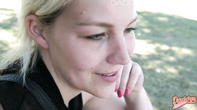 Blonde MILF semi flashes tits big cum daddy’s slut jerks off in Frankfurt