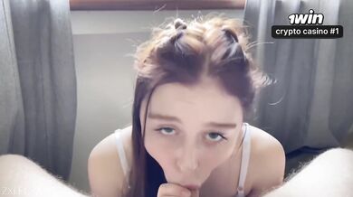 Red-haired beauty bare her tits before a cumshot. POV