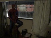 spiderman jerking off watching construction workers from his hotel window