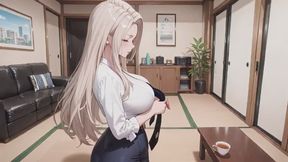 Blonde Teacher Fantasy: From Lazy Desk to Private Bedroom! White shirt slightly sheer, tight skirt hugging curves. Sun-drenched and teasing, she touches her chest shyly while looking back. Who can handle this contrast?