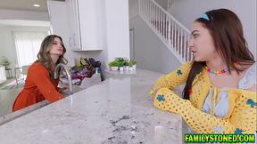 Teen girlfriend Mia River challenges herself to suck boyfriend's big cock under the table while avoi