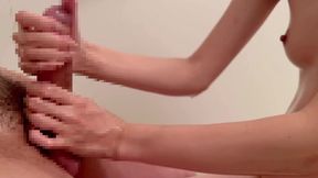 Student's GF gives sensual slow handjob leading to a huge male squirt