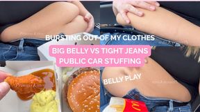 BIG BELLY VS JEANS! Big Public Car Fast Food Stuffing in Tight Jeans