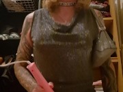 Sissy sits on dildo and cums using vibrator