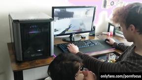 ”Lustful sexy girl sucking boyfriends prick while he is playing a game”