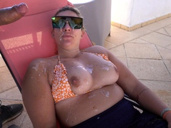 Massive cumshot on her big boobs