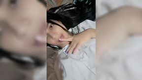 Horny bitch's pink and shaved pussy is nearly torn by her fingers