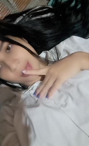 Horny bitch's pink and shaved pussy is nearly torn by her fingers