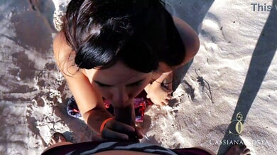 Blonde Brazilian beauty rides his face on the beach and swallows his load