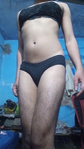 Young Indian Sissy Femboy Wearing His Step Sister's Bra and Panties