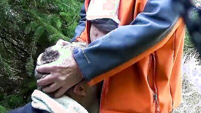 Old man sucks some hard cock in the park and licks balls