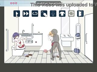Marvelous lady having sex in a train station latrine with with some other lady watching and masturbating in erotic ryona manga gameplay