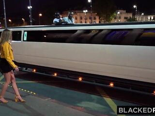 Small golden-haired sweetheart is about to get into a massive limo and get group-fucked by ebony boyz