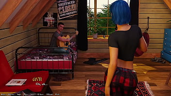 Blue-haired grunge girl gives juicy handjob in her room