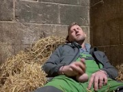 Farmer wanking and shooting a big load in the straw