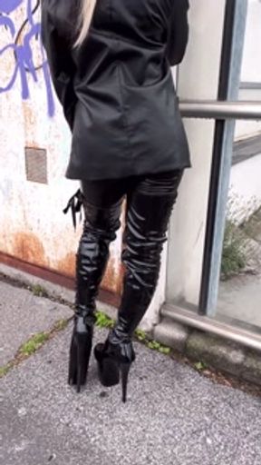 Smoking fetish walk with pvc pleaser boots and leather Miss Sandra D