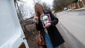 ”Blonde Aussie tart takes it all in the confession van!”