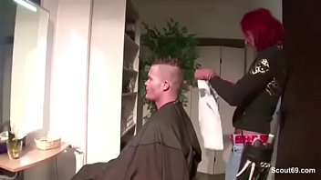 Red-haired slim hairdresser lets clients bang her at work