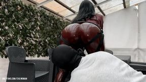 Evilwoman is pegging her slave in shiny tight leggings outdoor - [FHD MOV]