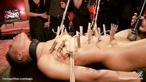 ”Ebony slave holding heavy padlocks”