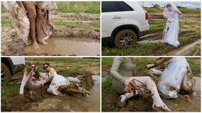 Sexy bride gets her car stuck in deep mud on her way to get married
