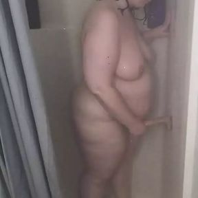 Pregnant MILF Taking Shower with Dildo Stuck Deep into Ass