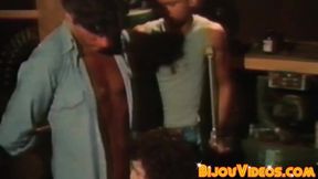 Retro gay video of hunky men bareback breeding in threesome